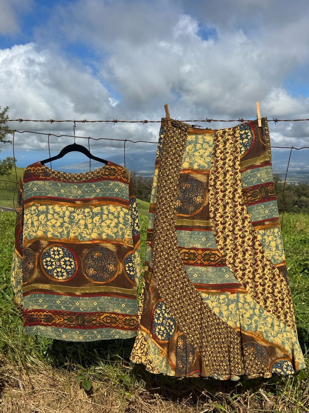 Vintage 90s Carole Little brown patchwork, print floral whimsyGoth skirt set